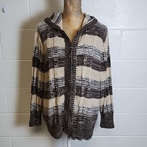 JMS 3X Zip Front Cotton Blend Striped Cable Knit Hoodie Sweater Cardigan